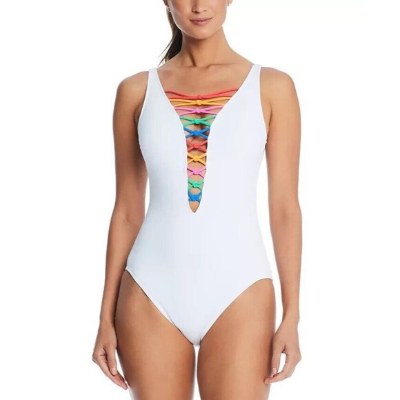 Bleu by Rod Beattie Women's Core-Lace-Down Mio One-Piece Swimsuit White Multi 10 - Picture 1 of 9